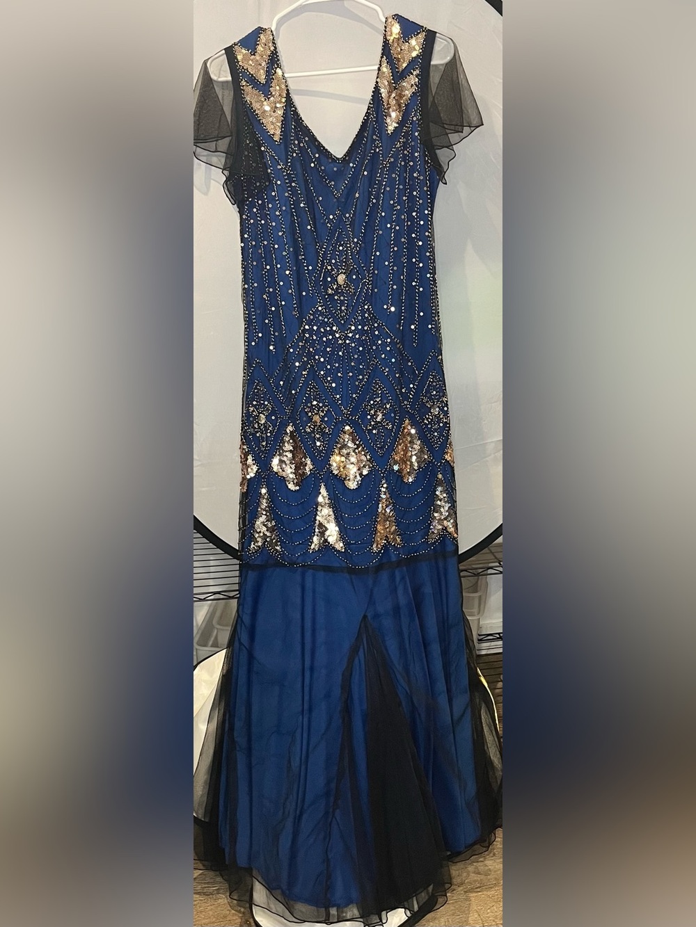 Embellished Sapphire Maxi Dress with Gold Sequin Detail - Picture 5 of 5